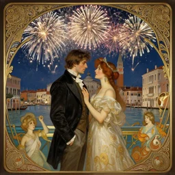 photography of a 1 8 th couple in venice with fireworks, deep focus, intricate, elegant, highly detailed, digital painting, artstation, concept art, matte, sharp focus, illustration, art by artgerm and greg rutkowski and alphonse mucha and gil elvgren