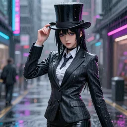 stylish anime woman made out of rain, pinstripe suit, top hat, cyberpunk background, rendered in octane, unreal engine, raining, highly detailed, trending on artstation, realistic, neon, beautiful