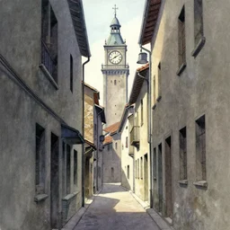 a drawing of a narrow alley with a clock tower in the background, a gouache by makoto shinkai studio ghibli, featured on deviantart, modern european ink painting, matte drawing, matte painting, watercolor