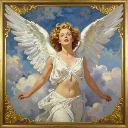 beautiful color oil painting of clara bow as a winged angel, clouds in the heavens in the background, midriff, inspired by artstation and artgerm, border and embellishments inspired by alphonse mucha