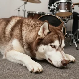 a brown husky dreaming they are a drummer