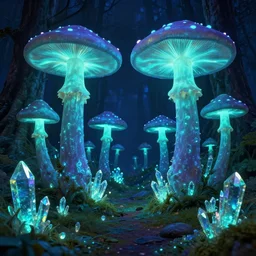 a fluorescent giant mushrooms forest, beautiful crystal deposits glowing on the floor, in style of laurel d austin, 2 d art, concept art, fantasy, high detail, trending on artstation