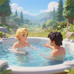 runescape playing in the hot tub with wizard101 scenery, hyperrealistic, photo realistic, realistic, beautiful white lighting, in the middle of the day
