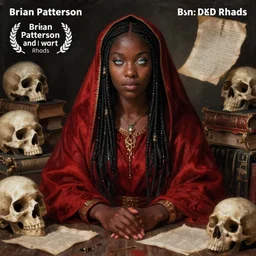 a female dnd wizard's portrait by brian patterson and rhads, black skin, african, ethiopian, red robes, necromancer, clear - eyed, elegant bones, skulls, papers and tomes