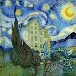 Artwork of a building and humanoid figures, unique works by Vincent van Gogh,