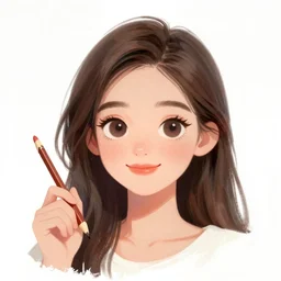 digital painting of portrait of a woman, holding pencil, inspired, head and shoulders shot, gouache painting, white background, cute pixar character
