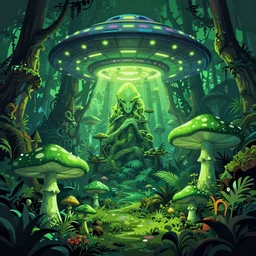 psychedelic alien ufo jungle neon green forest mushroom art, wide angle shot, vector art, by frank frazetta and salvador dali