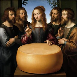 beautiful renaissance painting portrait of a gouda cheese wheel by sandro botticelli, jan van eyck, tiziano vecelli, piero della francesca