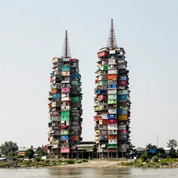 huge towers made up of colourful stacked squatter shacks and makeshift brutalist shelters suspending over a river, mamiya, f 1. 7, uniform plain sky, fine details, minimalist, photographed by frans lanting