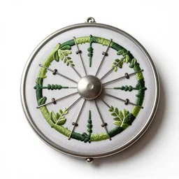 embroidered salad spinner, photorealistic, isolated on a pure white background, centered, entire object in frame, sharp focus, soft studio lighting