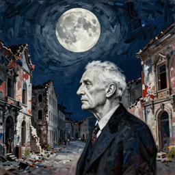 old white - headed man under the huge moon on a street of ruined city by beksinski and takato yamamoto, part by jackson pollock, very coherent, baroque elements