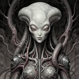 happy female alien, tubular creature, blood vesels, no face, dystopian surrealism, artstyle alex ries zdzisław beksinski, symmetry accurate features, very intricate details, hres, 4 k, naraka buddhist demon korean female, symmetrical long head, smooth marble surfaces, detailed ink illustration, metal gear, cinematic smooth stone, deep aesthetic, concept art, post process