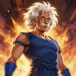 low angle portrait of the Einstein  transformed in a  Super Saiyan , tepainting concept Blizzard pixar maya engine on stylized background splash comics global illumination lighting artstation lois van baarle, ilya kuvshinov, rossdraws