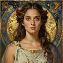 hyperrealistic painted portrait of natalie portman artemis greek goddess [ ancient greek motif background ] robe fantasy intricate elegant detailed rule of thirds digital painting trending artstation concept art sharp focus illustration art by alphonse mucha greg rutkowski