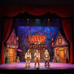 photo of a huge theaterstage, play is little horror shop, theater curtains are red, 3 actors in hippy costumes standing on stage singing, 8 k, multicolored, exaggerated detailed, long shot