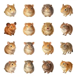 isometric sprite sheet of animals funny in gouache detailed paintings rotated left rotated right props stylised
