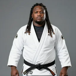 photo of chubby black bjj athlete with long dreads posing, serious face