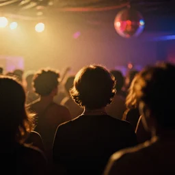 a 2 8 mm macro photo of a crowd at a colorful discotheque in silhouette in the 1 9 7 0 s, bokeh, canon 5 0 mm, cinematic lighting, dramatic, film, photography, golden hour, depth of field, award - winning, 3 5 mm film grain