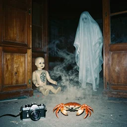 a cursed creepy Photograph of an old black room with a crying mannequin and a ghost, dust in the air, brown wood cabinets, SCP, taken using a film camera with 35mm expired film, bright camera flash enabled, award winning photograph, sleep paralysis demon crabwalking towards camera, creepy, liminal space, in the style of the movie Pulse