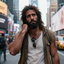 a confused looking caveman in the middle of times square, high quality, high resolution
