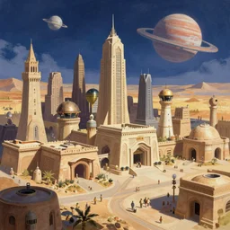 City Mos Espa on planet Tatooine from Star Wars fictional universe, fantastic digital painting by Greg Rutkowski and James Gurney, trending on Artstation, highly detailed