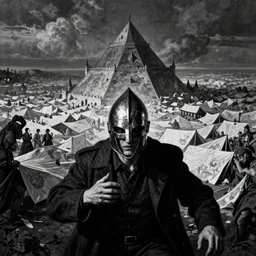 pyramidhead punishment, lean man, metal helmet, distant landscape covered in sheets, castle, black and white, carravaggio, giger, beksinski, bruegel, horror