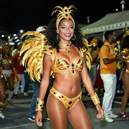 color photograph portrait of a beautiful woman in costume at brazilians carnival, smile, tights, people, night, summer, dramatic lighting, 1 9 9 0 photo from live magazine.