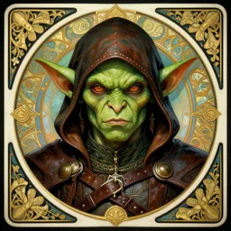 head-on symmetrical centered painted portrait, D&D goblin rogue, green skin, leather armour, art nouveau, tarot card style, fantasy, intricate, elegant, highly detailed, smooth, sharp focus, illustration, artstation, in the style of Artgerm and Anna Podedworna and Mucha