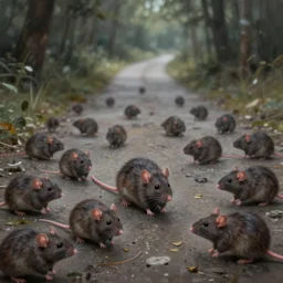 a beautiful digital painting of drive way full of rats, realistic lighting, gloomy, atmospheric lighting, detailed, by greg rutkowski, trending on artstation