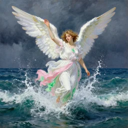 an angel dressed in white pink and green splashes upwards from a turbulent stormy ocean. huge splash of water. beautiful painting by artgerm and greg rutkowski and alphonse mucha