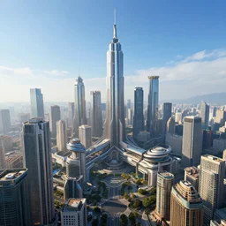sci - fi city high view, blue sky, highly detailed, beautiful light