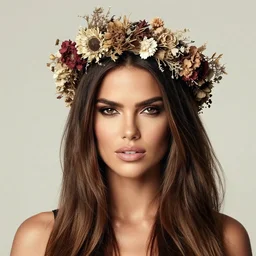 fine art photo of adriana lima, she has a crown of dried flowers, by oleg oprisco