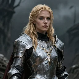 portrait of a blonde paladin woman, fantasy, gloomy atmosphere, trending on artstation, hyper detailed