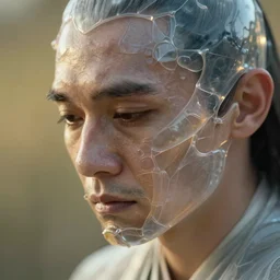hyperrealistic close-up translucent intricate exoskeleton!! sad chinese man covered highly detailed concept art eric zener elson peter cinematic side soft yellow light high angle hd 8k sharp shallow depth of field