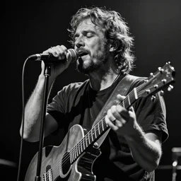 A homeless man singing a metal song, black and white.