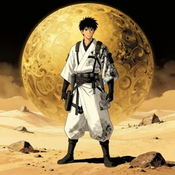 blake mitchell with white and black ancestral ornate japanese tactical gear on an abandonment desert planet, high intricate details, long shot, rule of thirds, golden ratio, graphic novel by fiona staples and dustin nguyen, by beaststars and orange, peter elson, alan bean, studio ghibli, makoto shinkai