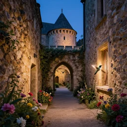secret passageway in lourmarin, flowers, medieval, hummingbirds, at dusk