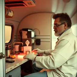 a rare 2 0 8 photograph of walter white using lab equipment to make meth in a trailer