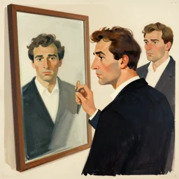 full portrait of a man next to a mirror, by dean ellis, john watkiss, limited neutral palette, by pascal campion, petros afshar, anton fadeev, dean ellis, beautiful graphic art, propaganda poster art 1 9 7 0 s illustrated advertising art, expressive painterly character design