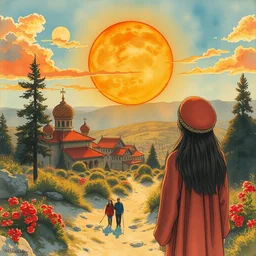 the sun. beautiful, realistic painting by mucha and kuvshinov and bilibin and malevich. watercolor, synthwave, thick lining, manga, soviet realism