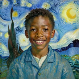 painting portrait of a black boy smiling, studio portrait by van gogh