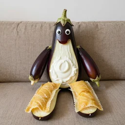 man made of aubergines, yogurt and fillo pasta sitting on couch