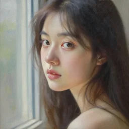the girl at the window, wonderful eyes, her loose hair, delicate, intricate details, a real masterpiece, oil on canvas, author li zhang