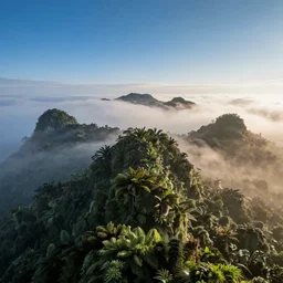 landscape photography of lush sky islands enveloped in mist, clear skies