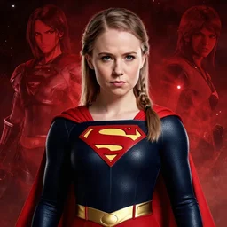 highly detailed portrait of a greta thunberg as supergirl, by Dustin Nguyen, Akihiko Yoshida, Greg Tocchini, Greg Rutkowski, Cliff Chiang, 4k resolution, nier:automata inspired, bravely default inspired, vibrant but dreary red, black and white color scheme!!! ((Space nebula background))
