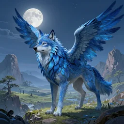 Blue feathered wolf with wings on a beautiful fantasy landscape, hills, mountains, moonlit, HD, illustration, epic, D&D, fantasy, intricate, elegant, highly detailed, digital painting, artstation, concept art, smooth, sharp focus, illustration, wallpaper, art by artgerm and greg rutkowski and alphonse mucha and jin xiaodi and anthony devine and yigit korogly