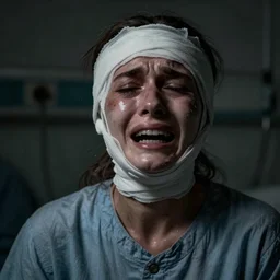 a portrait of a female mental asylum hospital patient ripped with pain and anguish, crying, torn, extreme sadness, hopeless, bandaged head and face, very dark, depressing, grim, moody, atmospheric lighting, cinematic lighting, by nicola samori