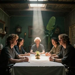 the illumatis all sitting at a table, serious, eerie, a single sunbeam coming from the roof, dust illuminated by the sunbeam, serious, lush, vintage decor, craig mullins