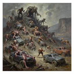 oil paint of 1 1 terrifying, tick vehicles wearing flayed gods, in tiers, side valley battle pit, by wayne d barlowe, boris vallejo, stefano tamburini, torch light, muted colors, epic, hyper detailed, awe inspiring, award winning horror, hyper realism, cinematic