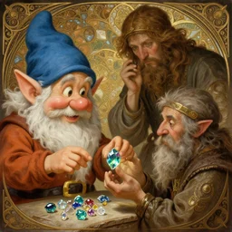 illustration of a dwarf trading gems with a halfling deep focus, intricate, elegant, highly detailed, digital painting, artstation, concept art, matte, sharp focus, illustration, art by artgerm and greg rutkowski and alphonse mucha